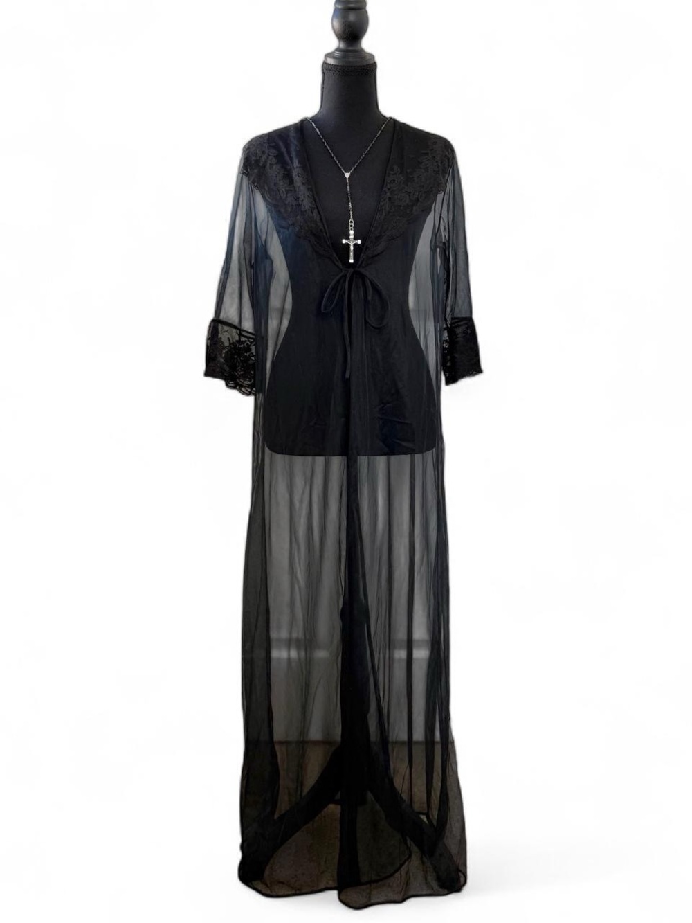 Vintage JCPenney Black Sheer Lace Maxi Robe Gothic Lingerie Medium